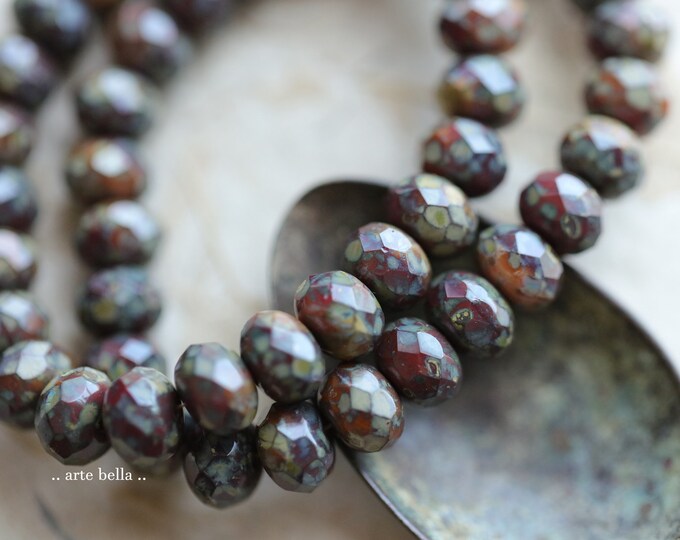 OLD BRICK BARN .. 25 Premium Picasso Czech Glass Faceted Rondelle Beads 6x9mm (9883-st) .. jewelry supplies