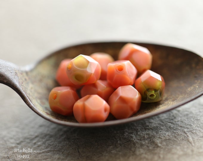 PEACHY PINK NUGGETS 8mm .. 10 Premium Czech Glass Faceted Nugget Beads (10492-10) .. jewelry supplies