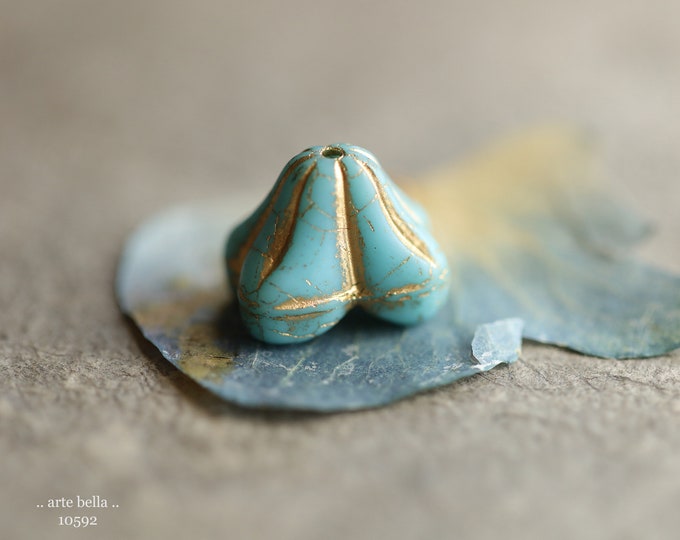GOLDEN TURQUOISE BELLS .. 4 Premium Matte Czech Glass Bell Flower Beads 11x9x13mm (10604-4) .. jewelry supplies