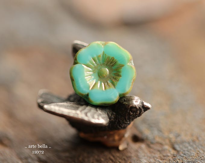 EARTHY TURQUOISE BLOOMS .. New 6 Premium Picasso Czech Glass Hibiscus Flower Bead Mix 12mm (11072-6) .. jewelry supplies