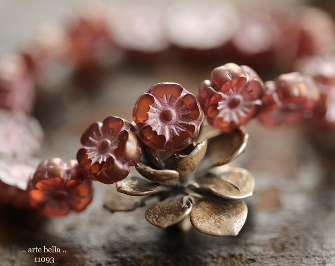 PINK ROSE BLOOMS .. New 16 Premium Czech Glass Hibiscus Flower Beads 9mm (11093-st) .. jewelry supplies