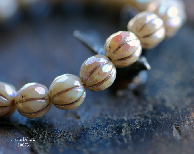 MYSTIC LATTE GLITZ .. 20 Premium Czech Glass Faceted Melon Beads 8mm (10073-st) .. jewelry supplies