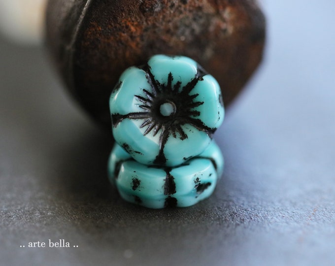 BLACK EYED BLOOMS .. 6 Premium Czech Glass Hibiscus Flower Beads 12mm (9402-6)