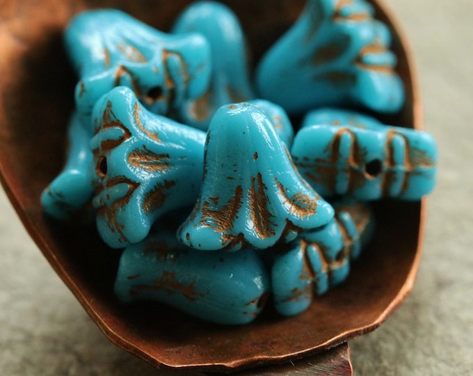 BRONZED CERULEAN LILIES .. 10 Premium Czech Glass Lily Flower Beads 9x10mm (8541-10) .. jewelry supplies
