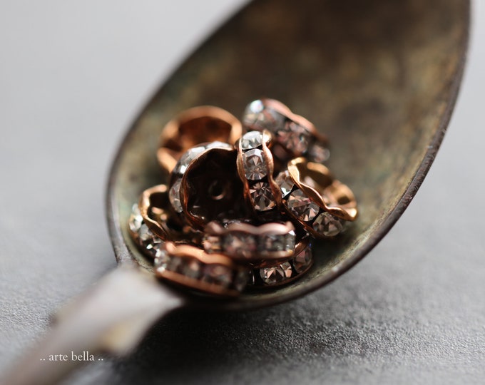Premium Czech 8mm Antique Copper Crystal Metal Rhinestone Rondelles x 10 (rhi-07)