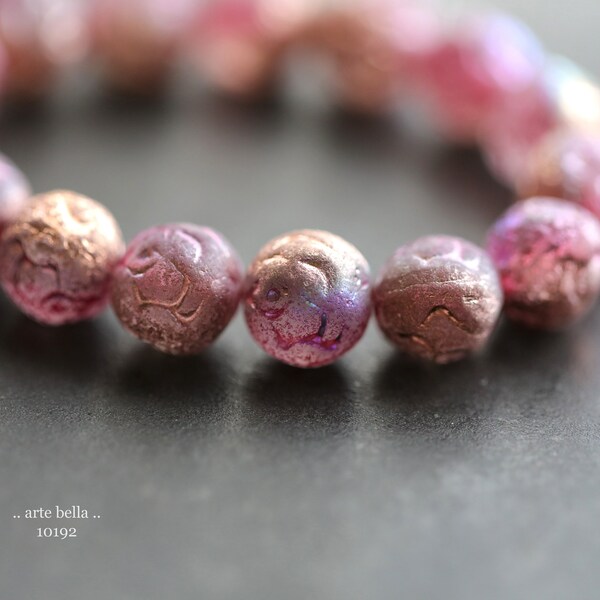 COPPERED PINK ROSE Buds .. 15 Premium Etched Czech Glass Rose Bud Beads 10mm (10192-st)