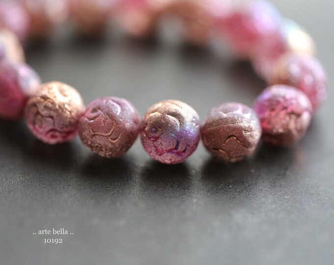 COPPERED PINK ROSE Buds .. 15 Premium Etched Czech Glass Rose Bud Beads 10mm (10192-st)
