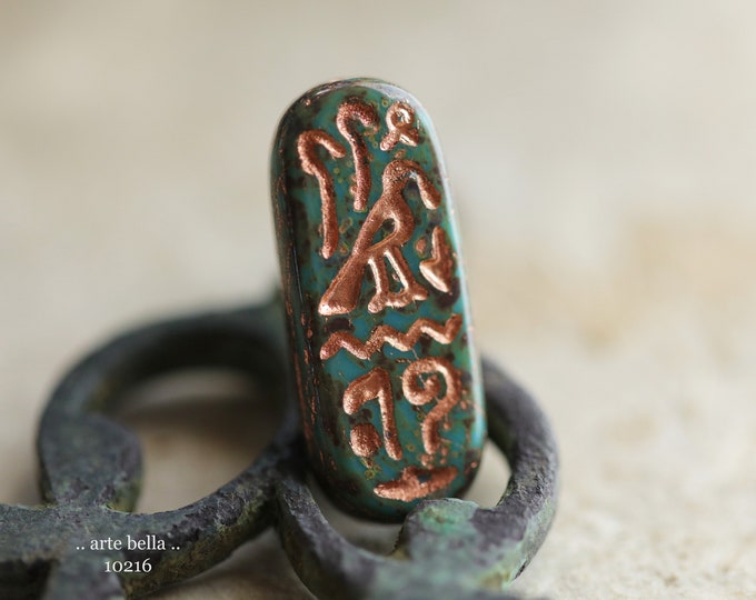 COPPERED CERULEAN EGYPTIAN Cartouche .. New 6 Premium Picasso Czech Glass Tablet Beads 25x10mm (10216-st)