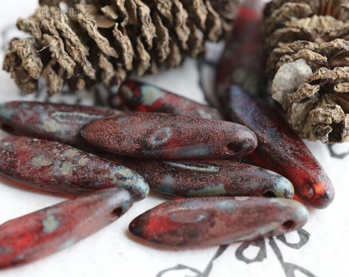 back in stock .. RUBY EARTH DAGGERS .. 50 Premium Picasso Czech Etched Glass Dagger Beads 5x16mm (7487-st) .. jewelry supplies