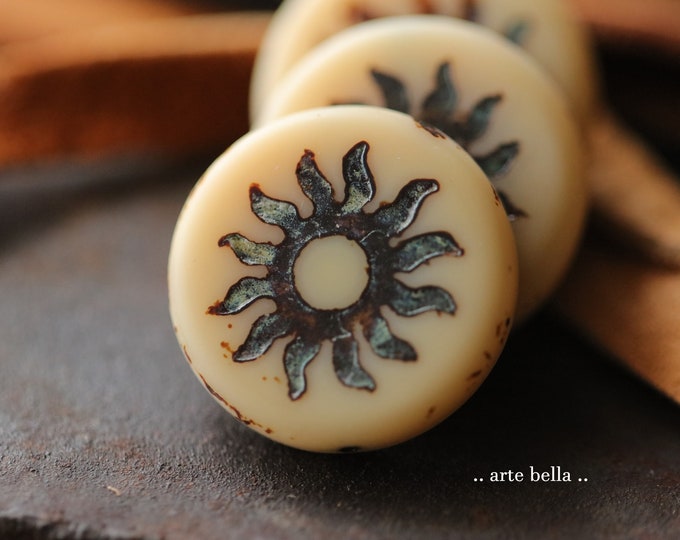 MATTE EARTHY RAYS .. 2 Premium Picasso Czech Glass Sun Coin Bead 22mm (9810-2) .. jewelry supplies