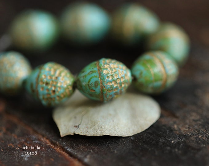 GOLDEN TURQUOISE ACORNS .. 8 Premium Picasso Czech Glass Acorn Beads 12x10mm (10108-st) .. jewelry supplies