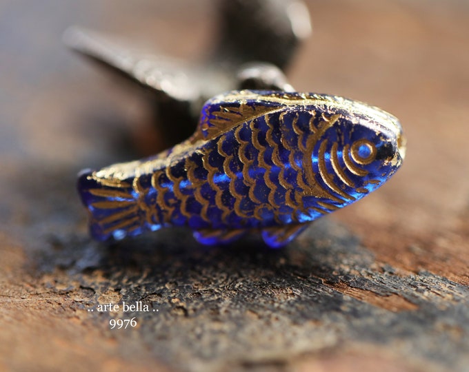 GOLDEN SAPPHIRE SWIMMERS .. 4 Premium Czech Glass Fish Beads 25x12mm (9976-4)