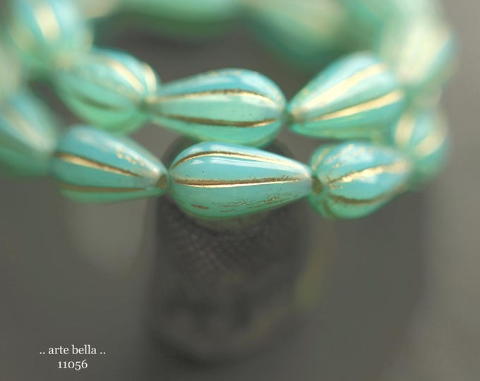 GOLDEN SEA MELON Drops .. New 10 Premium Czech Glass Melon Drop Bead Mix 13x8mm (11056-st) .. jewelry supplies