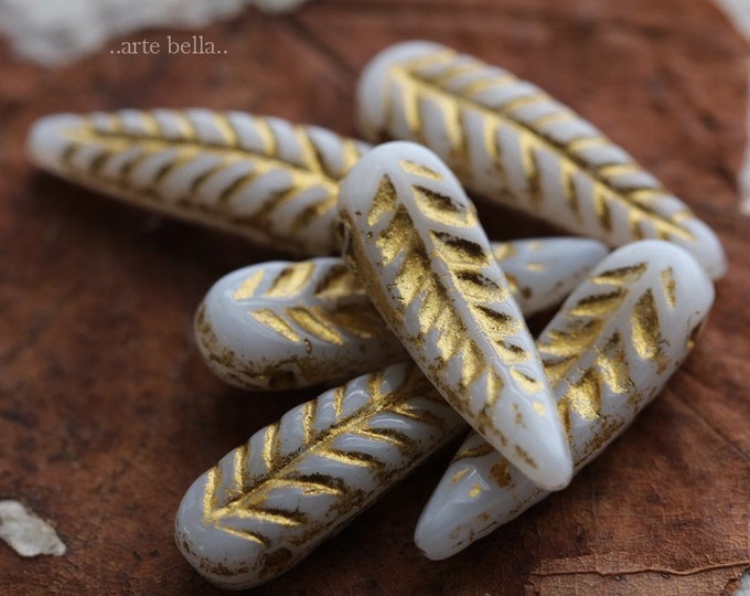 GILDED WHITE FEATHERS .. 6 Premium Picasso Czech Glass Feather Beads 5x17mm (6329-6)