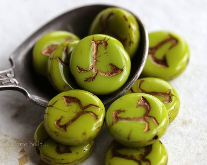 Bronzed LIME LIL' CHICKS .. 10 Premium Picasso Czech Glass Bird Coin Beads 12mm (5966-10) .. jewelry supplies