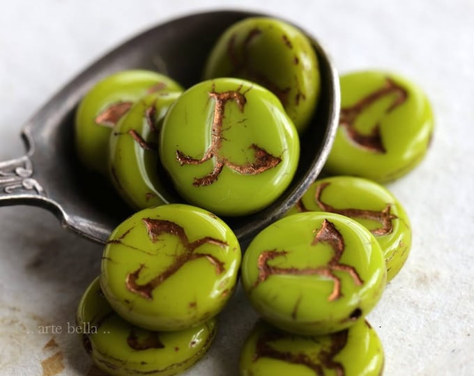 Bronzed LIME LIL' CHICKS .. 10 Premium Picasso Czech Glass Bird Coin Beads 12mm (5966-10)