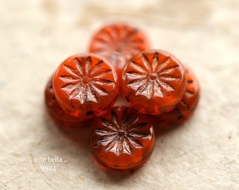 BRONZED ORANGE ASTERS .. 6 Premium Czech Glass Aster Flower Coin Beads 12mm (9994-6)