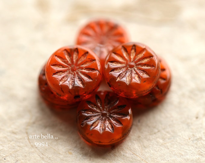BRONZED ORANGE ASTERS .. 6 Premium Czech Glass Aster Flower Coin Beads 12mm (9994-6) .. jewelry supplies