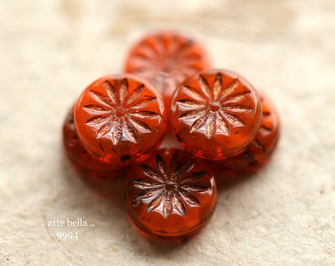 BRONZED ORANGE ASTERS .. 6 Premium Czech Glass Aster Flower Coin Beads 12mm (9994-6)