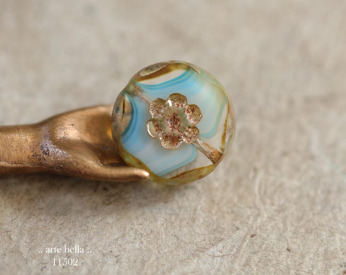 New .. MYSTIC BUDDING BLUES .. 4 Premium Picasso Czech Glass Coin Flower Beads 15mm (11502-4) .. jewelry supplies
