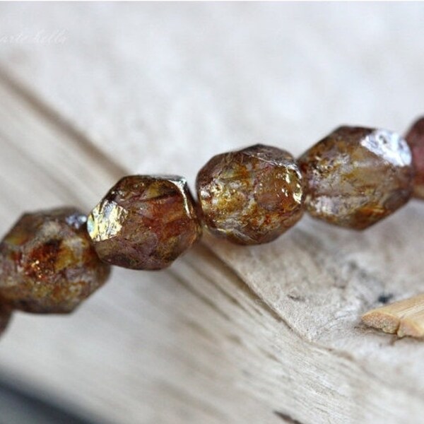 GOLDEN EARTHY PEBBLES .. 25 Premium Etched Picasso Czech Glass Faceted Round Beads 6mm (3302-st) .. jewelry supplies