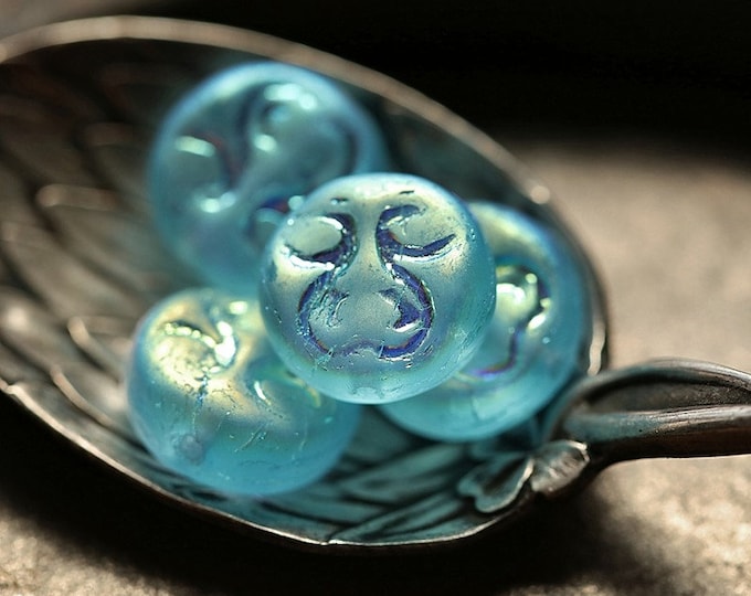 MYSTIC AQUA MOON Bebe's .. 10 Premium Matte Czech Glass Moon Face Beads 13mm (8965-10)