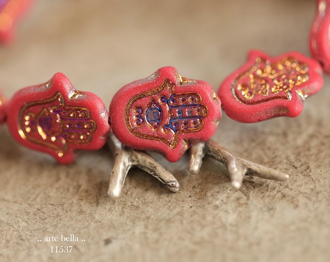 New .. MYSTIC CORAL HAMSA Hand .. 10 Matte Czech Glass Hamsa Beads 15x10mm (11537-st) .. jewelry supplies