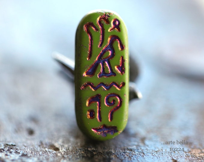 MYSTIC GREEN EGYPTIAN Cartouche No. 1 .. 6 Premium Matte Czech Glass Tablet Beads 25x10mm (10224-st) .. jewelry supplies