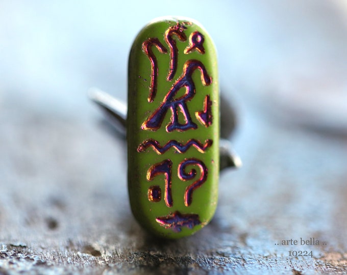 MYSTIC GREEN EGYPTIAN Cartouche No. 1 .. New 6 Premium Matte Czech Glass Tablet Beads 25x10mm (10224-st)