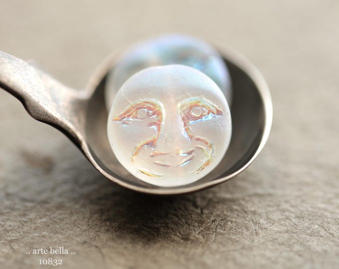 MYSTIC WHITE MOONS .. 6 Premium Matte Czech Glass Moon Face Beads 13mm (10832-6) .. jewelry supplies