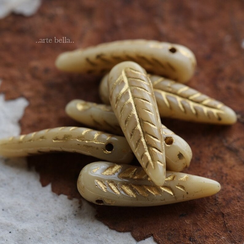 GOLDEN CREAM FEATHERS . 6330-10 10 Premium Picasso Czech Glass Bird Feather Beads 5x17mm