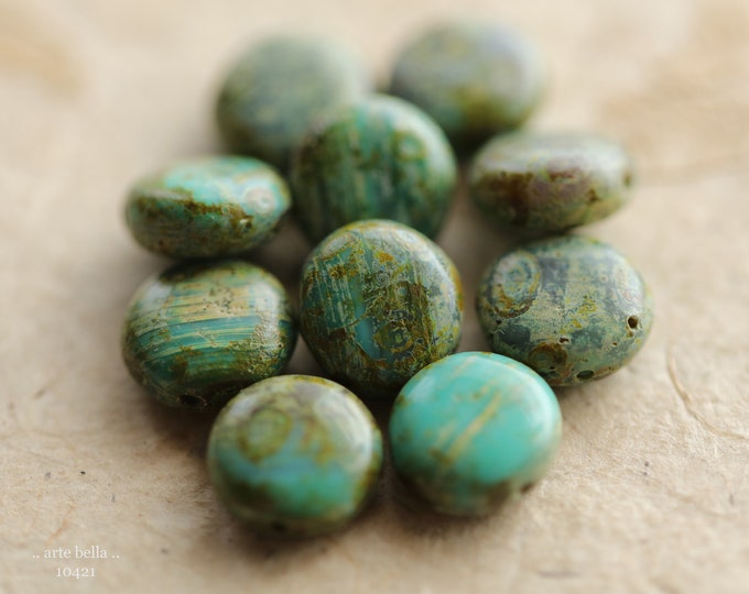 MOSSY TURQUOISE PEBBLE Mix .. 10 Rustic Premium Picasso Czech Glass Lentil Bead 10mm (10421-10) .. jewelry supplies