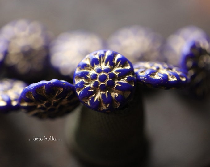 GOLDEN INDIGO DAHLIAS .. 10 Premium Czech Glass Dahlia Flower Beads 14mm (9865-st)