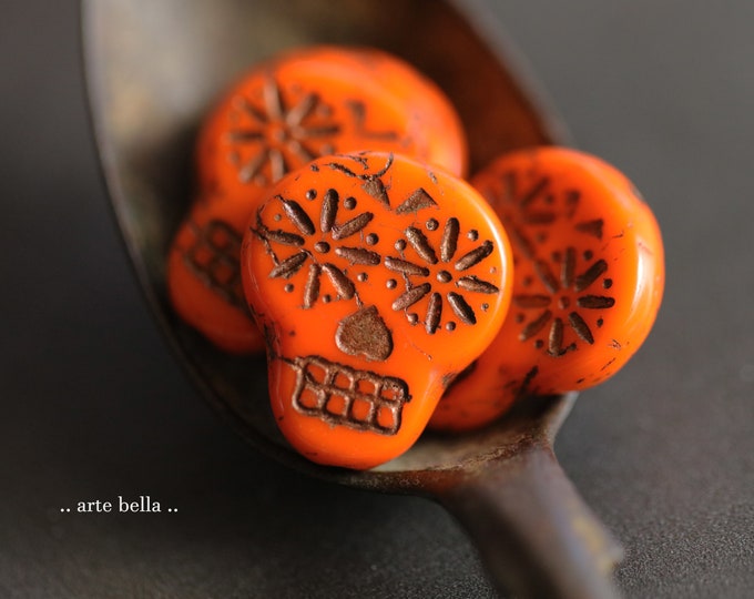 BRONZED ORANGE SKULLS .. 4 Premium Czech Glass Sugar Skull Beads 20x17mm (9560-4)