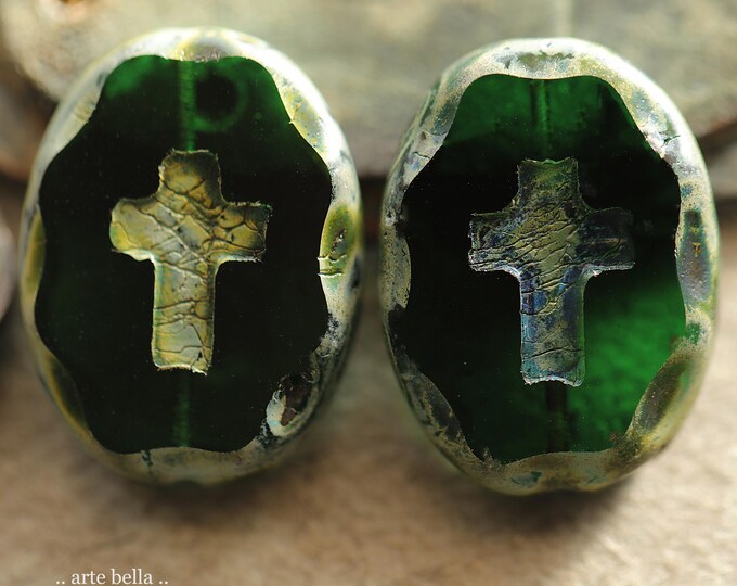 New .. EARTHY FOREST CROSSES .. 2 Premium Picasso Czech Glass Oval Cross Bead Mix 25x19mm (11161-2) .. jewelry making supplies