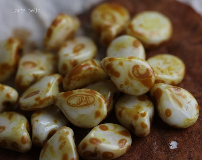 sale .. AMBER IVORY PIPS .. 20 Premium Picasso Czech Glass Pip Beads 5x7mm (6616-20) .. jewelry supplies