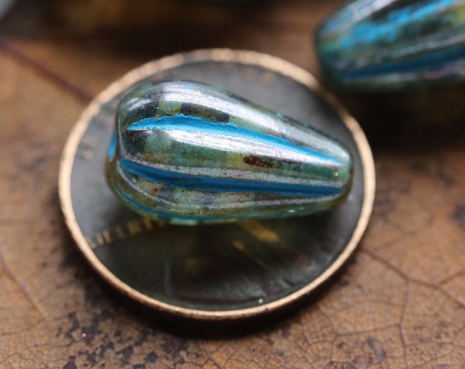 BLUE OCEAN MELON Drops .. 10 Premium Picasso Czech Glass Melon Drop Beads 15x8mm (8285-st)