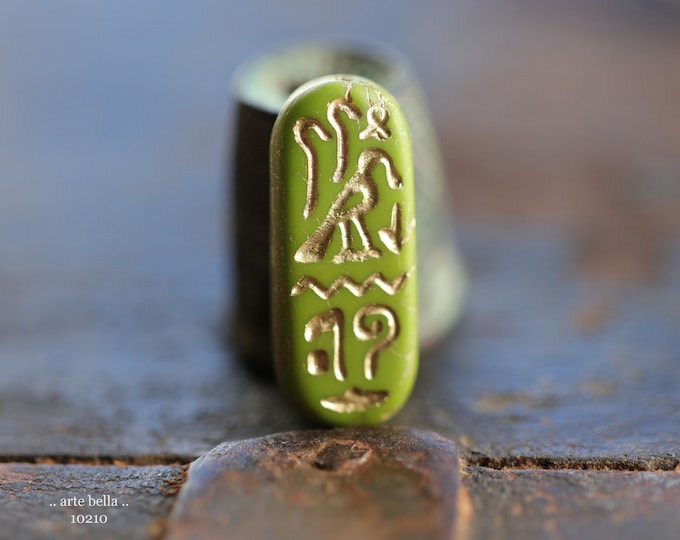 GOLDEN GREEN EGYPTIAN Cartouche .. 6 Premium Matte Czech Glass Tablet Beads 25x10mm (10210-st)