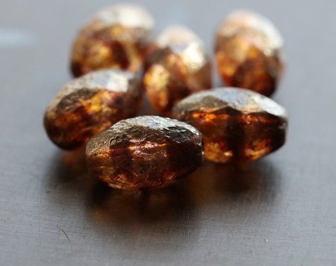 GOLDEN COFFEE OLIVES .. 12 Premium Etched Picasso Czech Glass Faceted Oval Beads 12x8mm (8580-st)