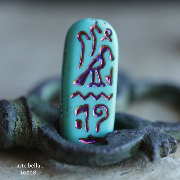 MYSTIC TURQUOISE EGYPTIAN Cartouche .. 6 Premium Matte Czech Glass Tablet Beads 25x10mm (10228-st) .. jewelry supplies