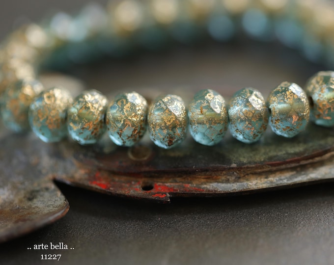 New .. RUSTIC GOLDEN BREATHE .. 25 Premium Etched Czech Glass Faceted Rondelle Beads 6x9mm (11227-st) .. jewelry making supplies