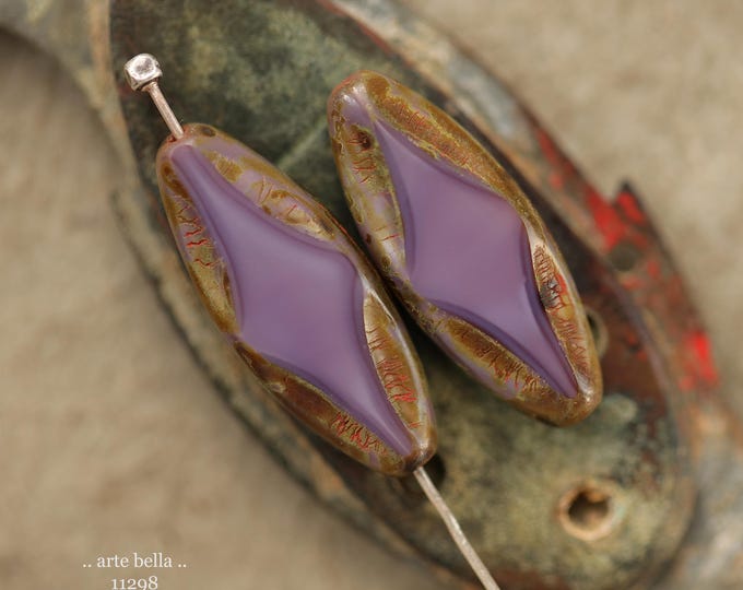 New .. EARTHY LAVENDER PETALS No. 1 .. 2 Premium Picasso Czech Glass Spindle Beads 25x10mm (11298-2) .. jewelry supplies