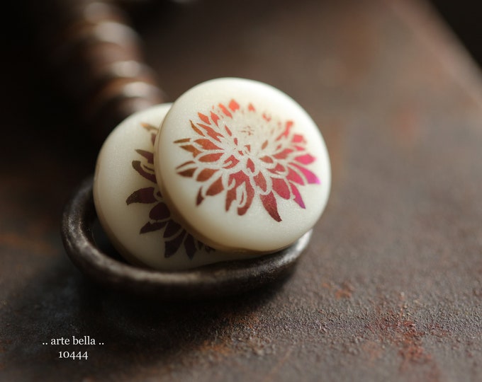 IVORY DAHLIA COINS No. 2 .. 4 Premium Czech Glass Laser Etched Dahlia Coin Bead Mix 17mm (10444-4) .. jewelry supplies