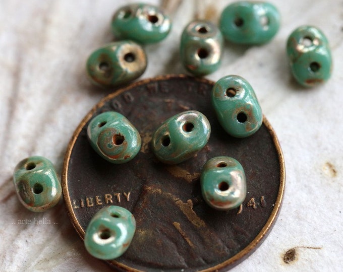 last ones .. SILVERED TURQUOISE HOOTS No. 2 .. 50 Premium Picasso Czech Glass Super Duo Seed Beads 5x2.5mm (7328-50)