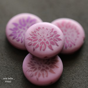 premium glass beads .. PINK DAHLIA COINS .. 4 Matte Czech Glass Laser Etched Dahlia Coin Bead Mix 17mm (10443-4) .. jewelry supplies