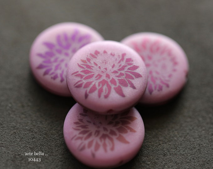 PINK DAHLIA COINS .. New 4 Premium Matte Czech Glass Laser Etched Dahlia Coin Bead Mix 17mm (10443-4) .. jewelry supplies