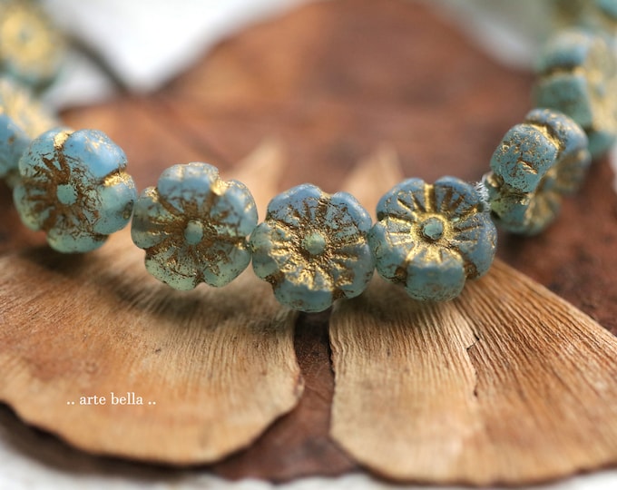 back in stock .. GOLDEN AQUA BLOOMS .. 16 Premium Etched Czech Glass Hibiscus Flower Beads 9mm (9685-st) .. jewelry supplies