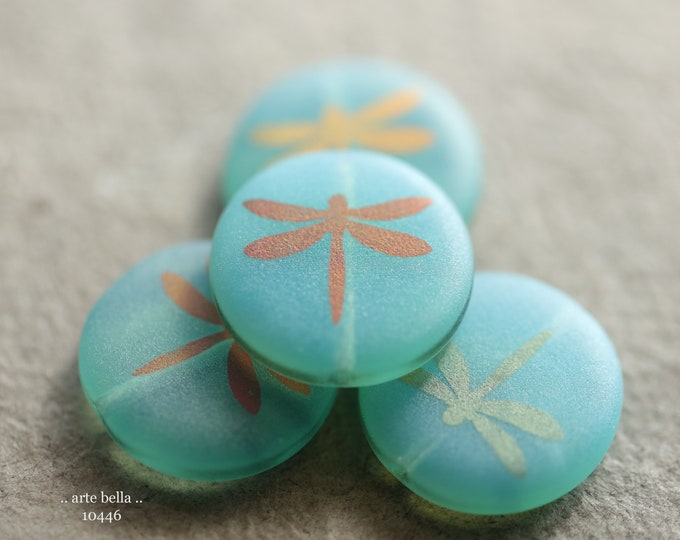 LAGOON DRAGONFLY COINS .. New 4 Premium Matte Czech Glass Laser Etched Dragonfly Coin Bead Mix 17mm (10446-4)