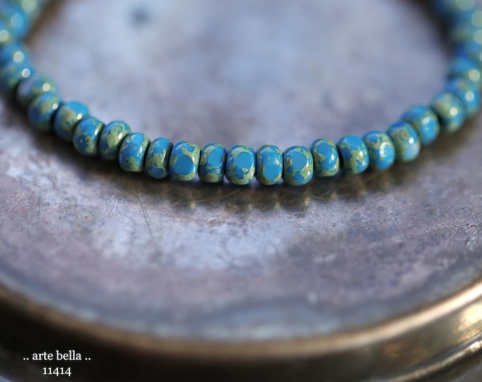 New .. MOSSY AZURE SEEDS .. 50 Premium Picasso Czech Glass Faceted Seed Beads Size 6/0 4x3mm (11414-st) .. jewelry supplies