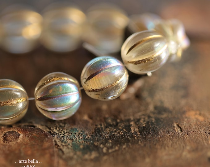 MYSTIC GOLDEN MELONS 10mm .. New 15 Premium Large Hole Czech Glass Melon Beads (10868-st) .. jewelry supplies